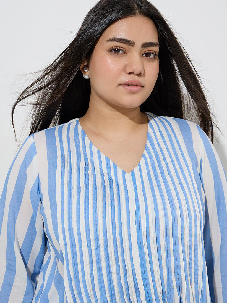 Diza Blue Stripe Printed A-Line Kurta