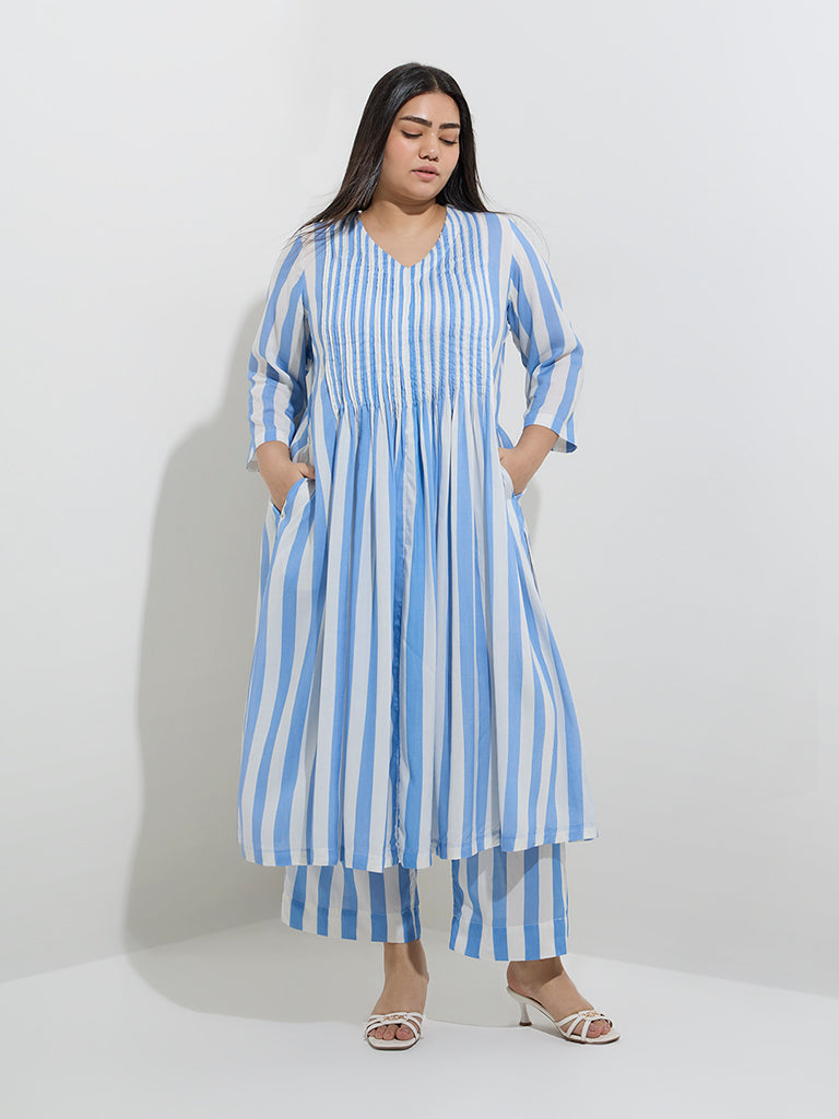 Diza Blue Stripe Printed A-Line Kurta