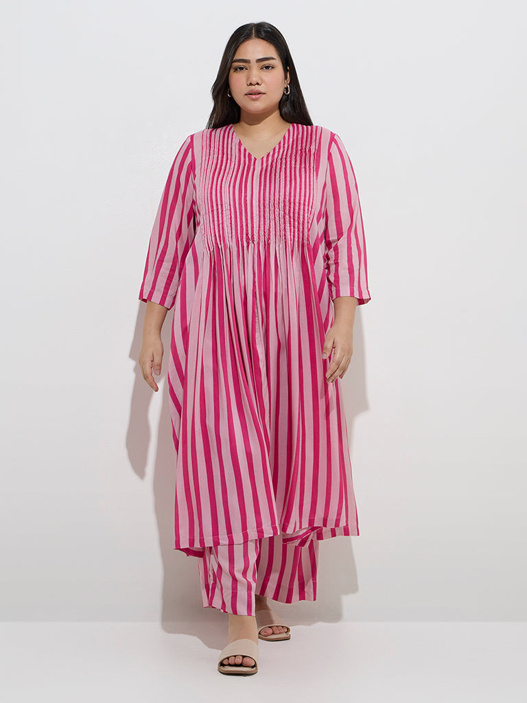 Diza Pink Stripe Printed A-Line Kurta