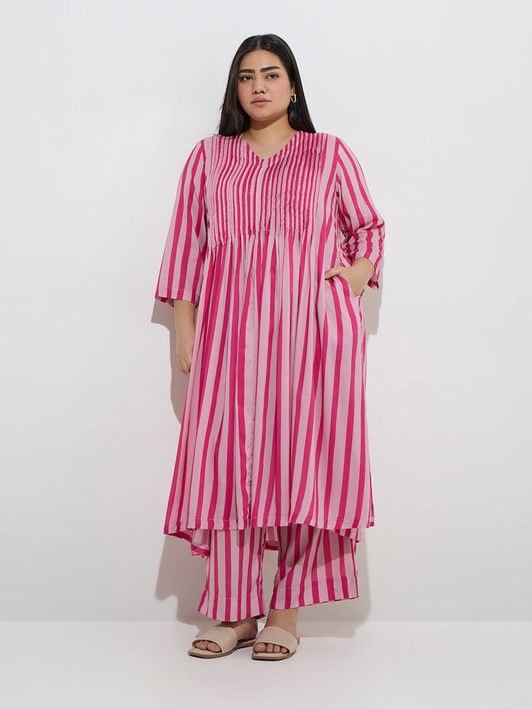 Diza Pink Stripe Printed A-Line Kurta