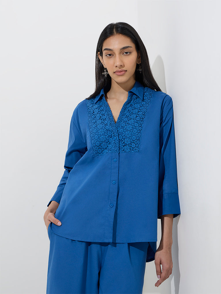 Utsa Indigo Floral Embroidered Cotton High-Low Ethnic Shirt
