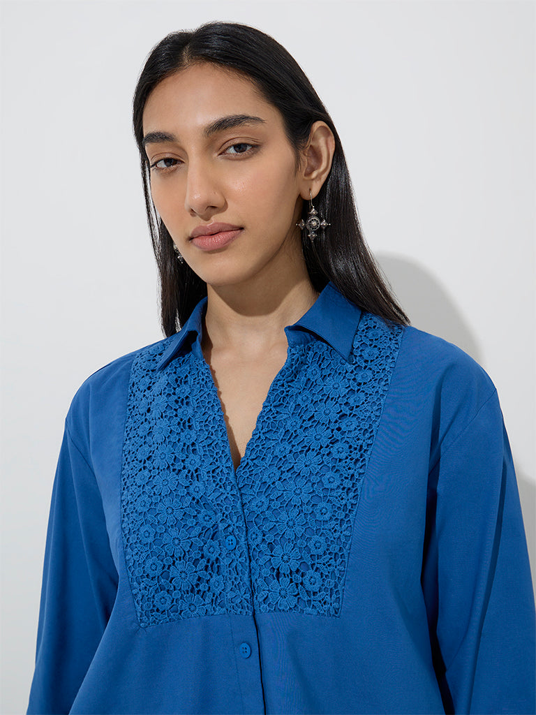Utsa Indigo Floral Embroidered Cotton High-Low Ethnic Shirt