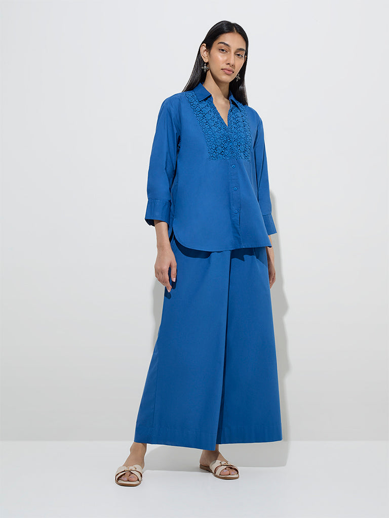 Utsa Indigo Floral Embroidered Cotton High-Low Ethnic Shirt