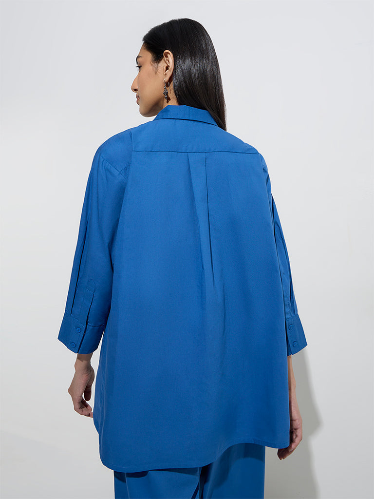 Utsa Indigo Floral Embroidered Cotton High-Low Ethnic Shirt