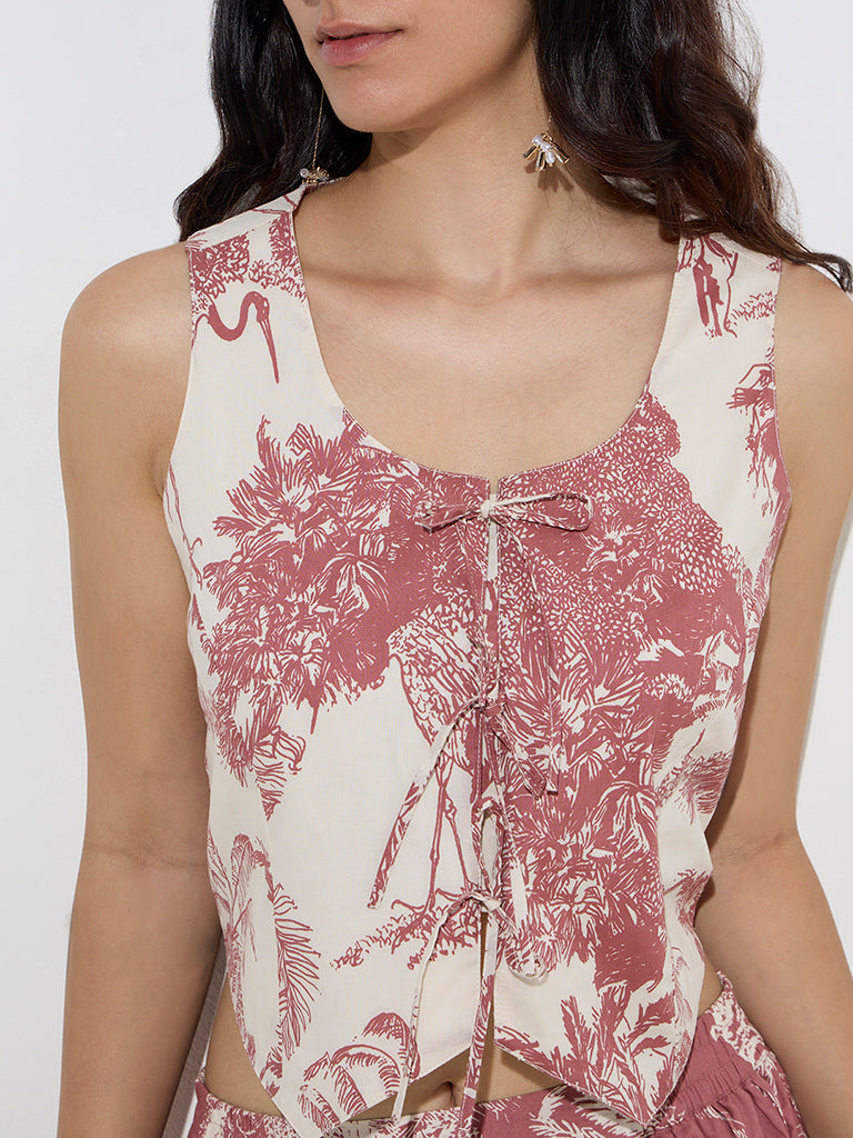 Utsa Off-White Botanical-Printed Knot-Detailed Cotton Top