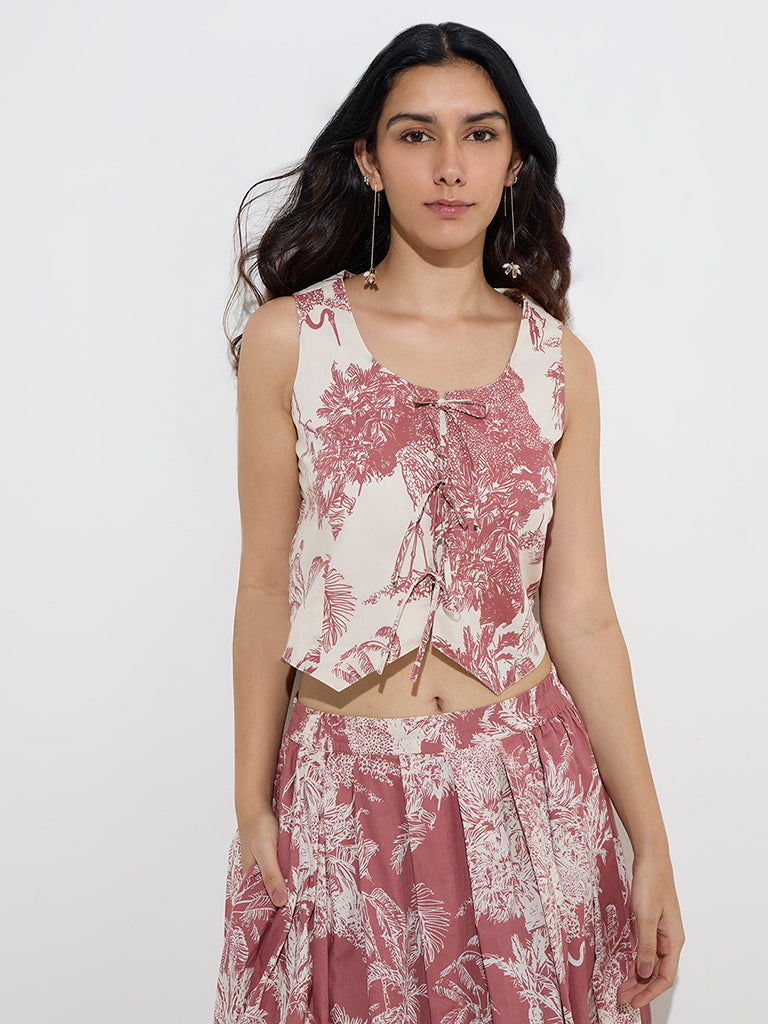 Utsa Off-White Botanical-Printed Knot-Detailed Cotton Top