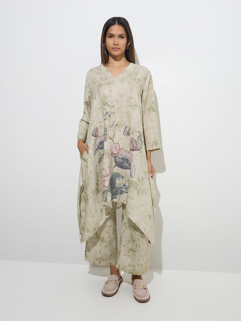 Zuba Sage Leaf Printed High-Low Kurta