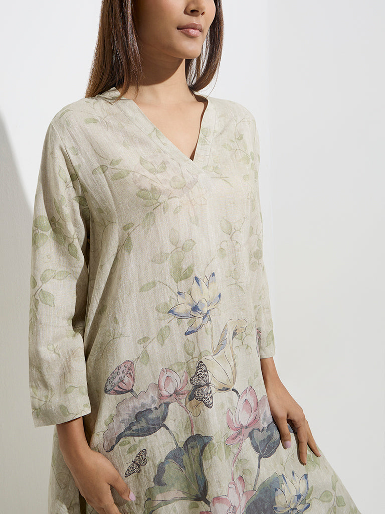 Zuba Sage Leaf Printed High-Low Kurta
