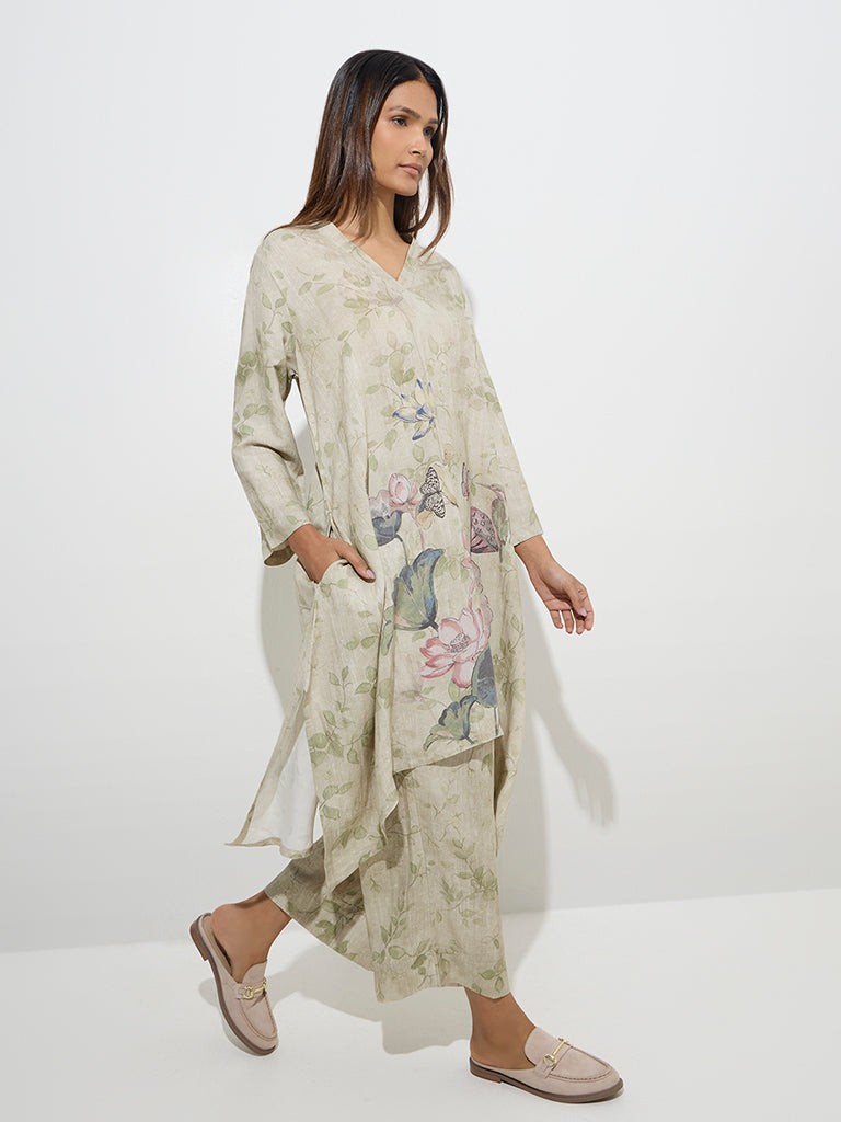 Zuba Sage Leaf Printed High-Low Kurta