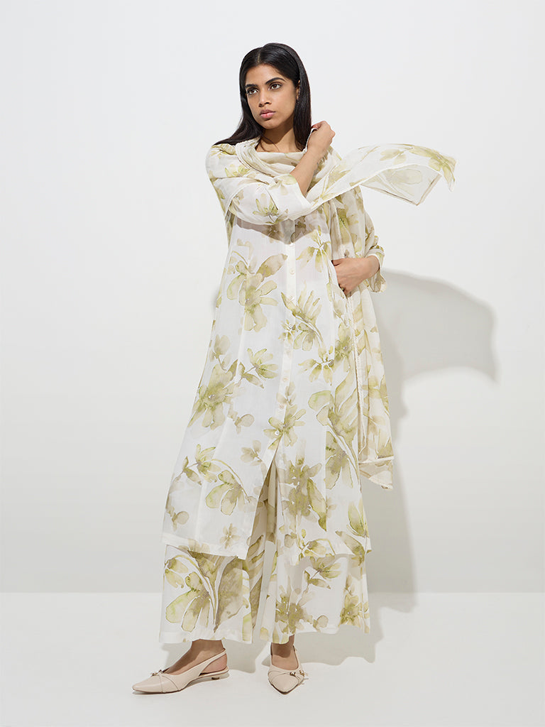Zuba Green Floral Design A-Line Kurta