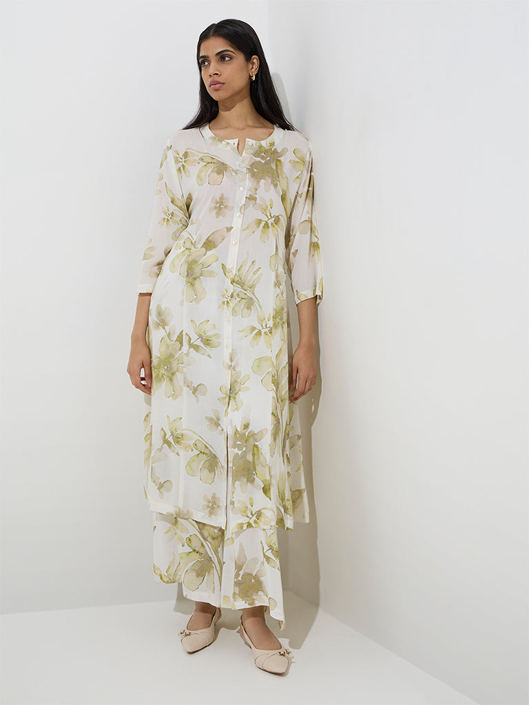 Zuba Green Floral Design A-Line Kurta