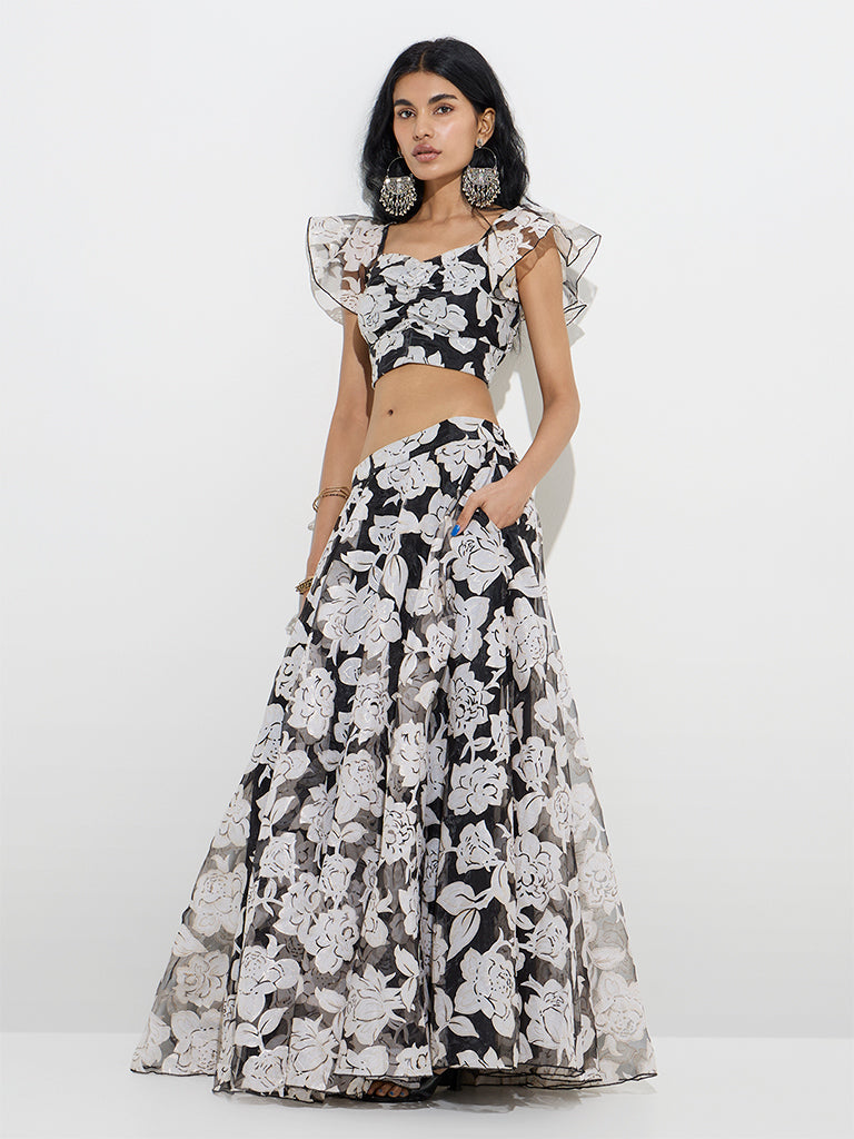 Vark Black Floral Design Brasso Cotton-Blend Ethnic Top