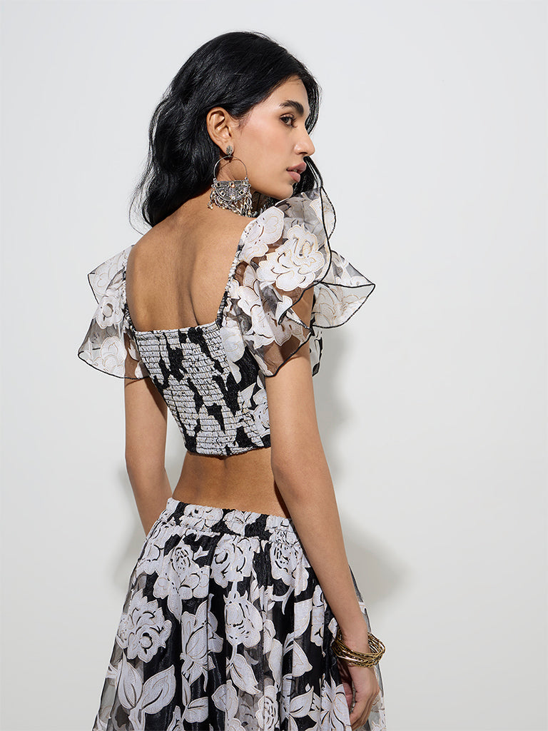 Vark Black Floral Design Brasso Cotton-Blend Ethnic Top