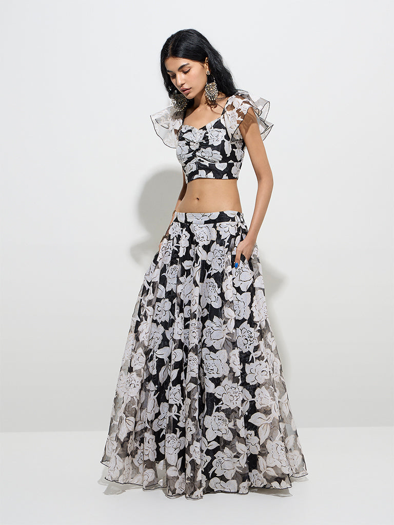 Vark Black Floral Printed Brasso Cotton-Blend Skirt