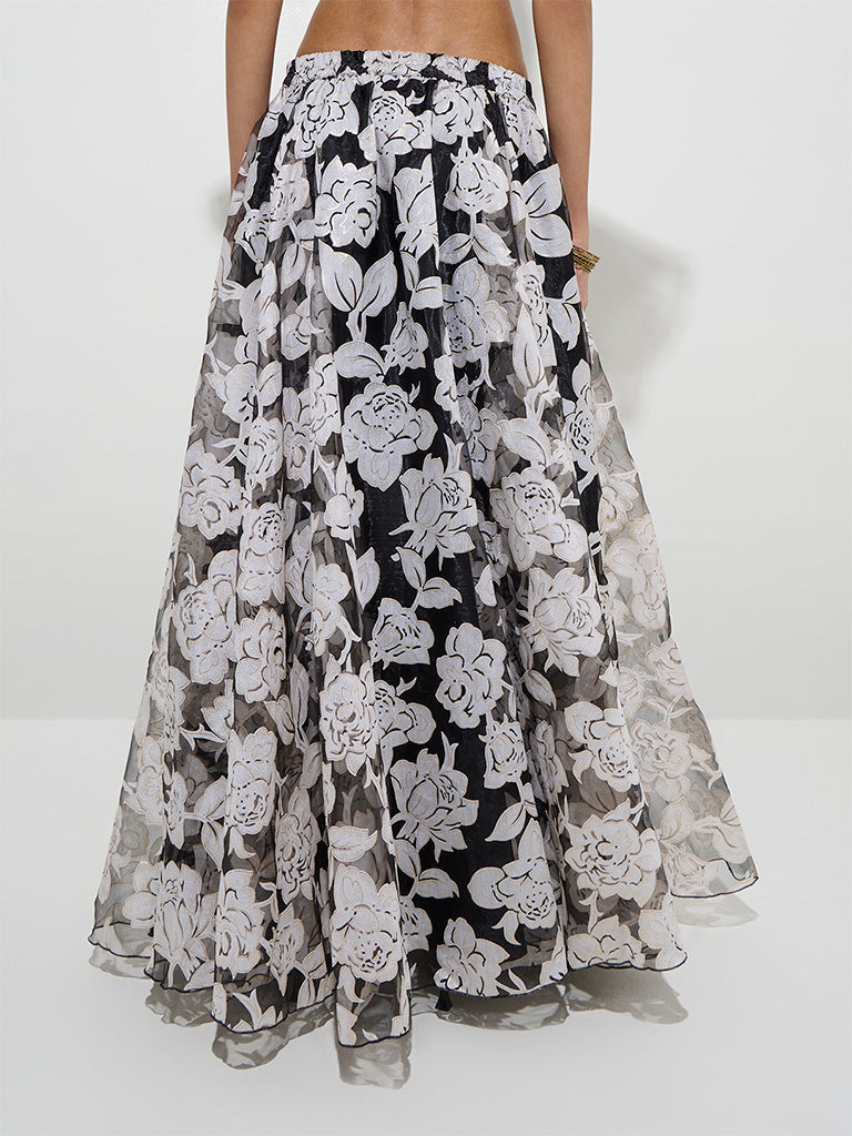 Vark Black Floral Printed Brasso Cotton-Blend Skirt