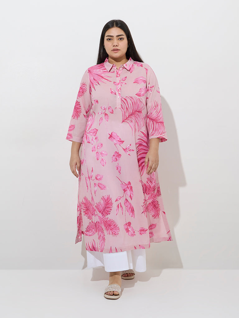 Diza Pink Botanical Printed A-Line Kurta
