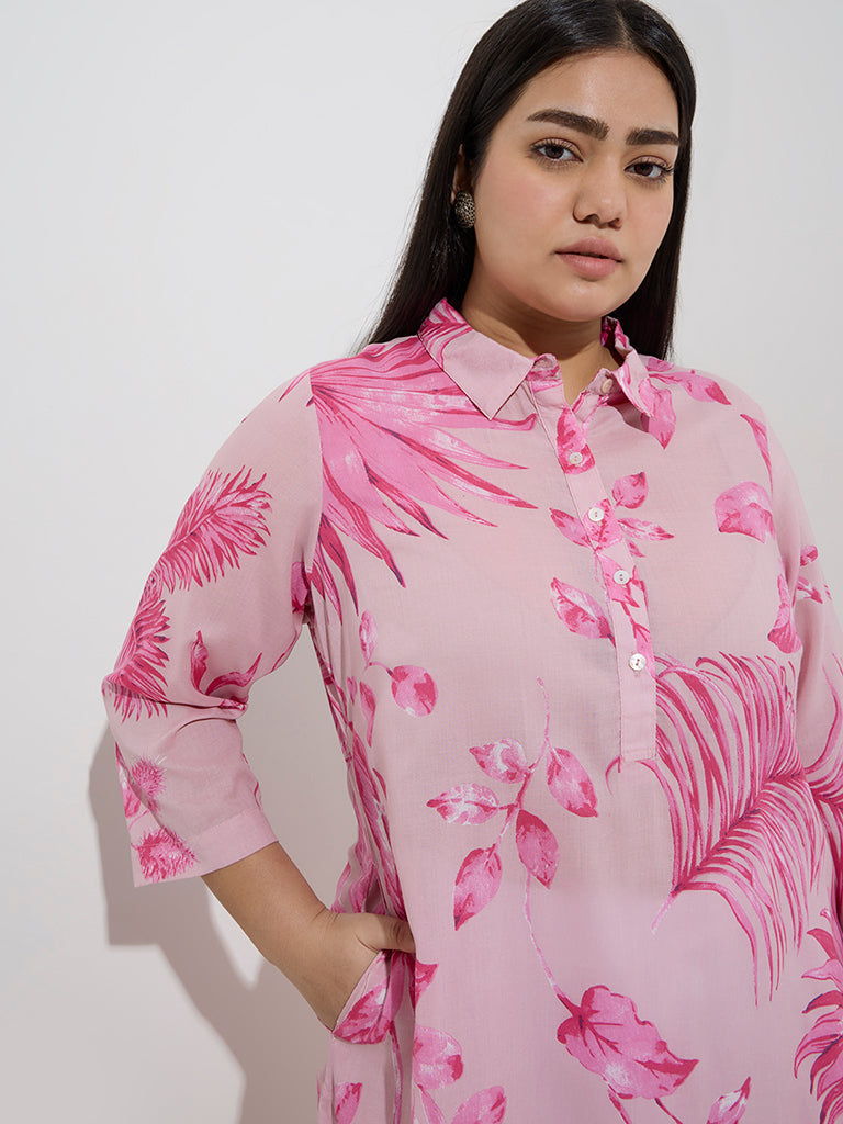 Diza Pink Botanical Printed A-Line Kurta