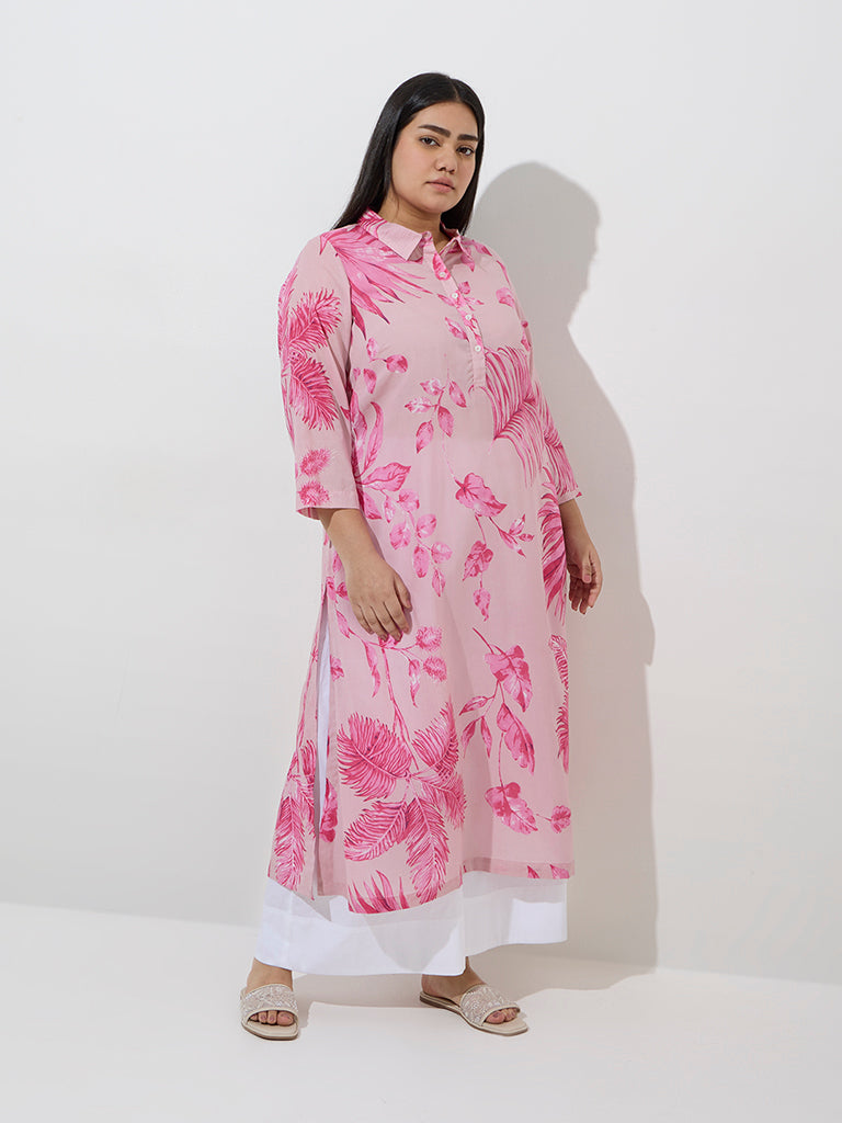 Diza Pink Botanical Printed A-Line Kurta