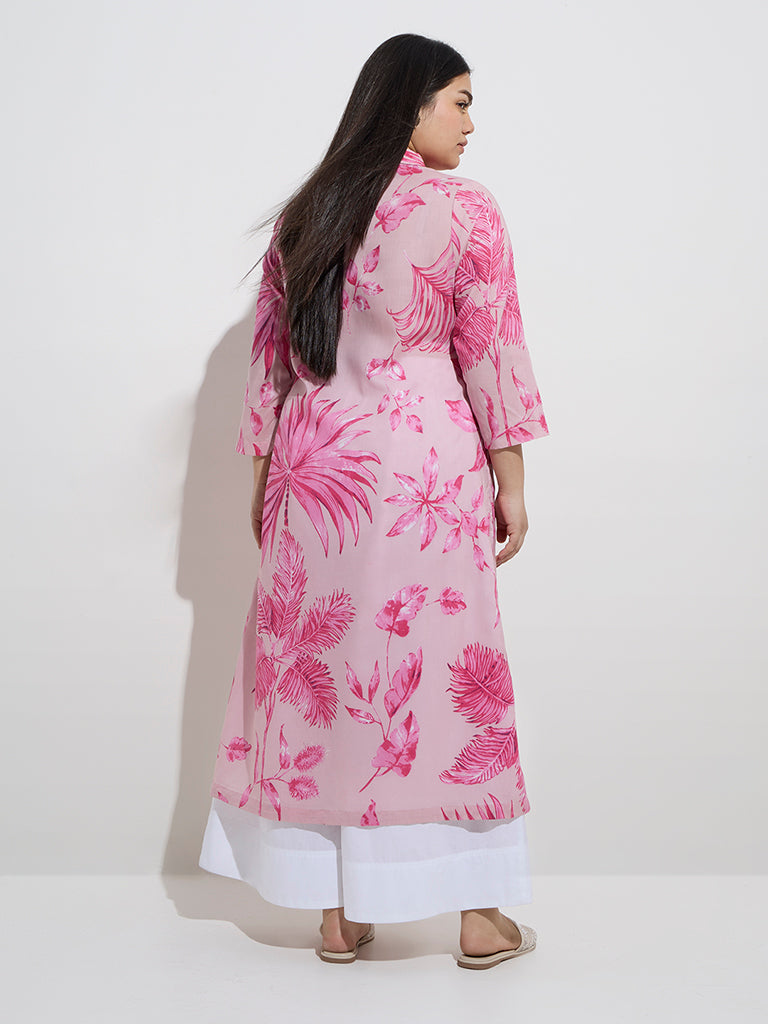Diza Pink Botanical Printed A-Line Kurta