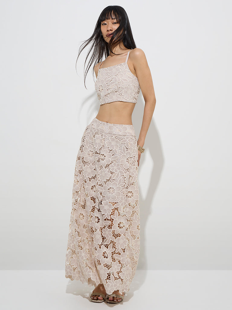 Vark Beige Floral Lace Embroidered Ethnic Top