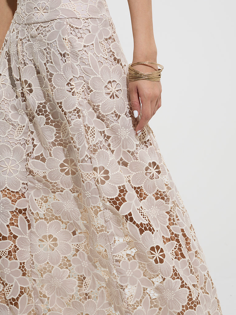Vark Beige Floral Lace Embroidered Ethnic Skirt