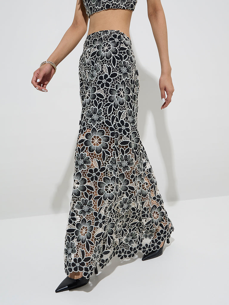 Vark Black Floral Lace Embroidered Ethnic Skirt