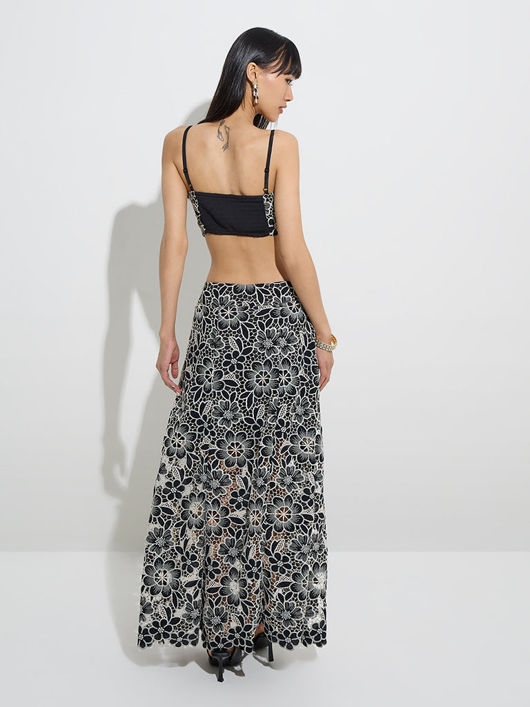 Vark Black Floral Lace Embroidered Ethnic Skirt