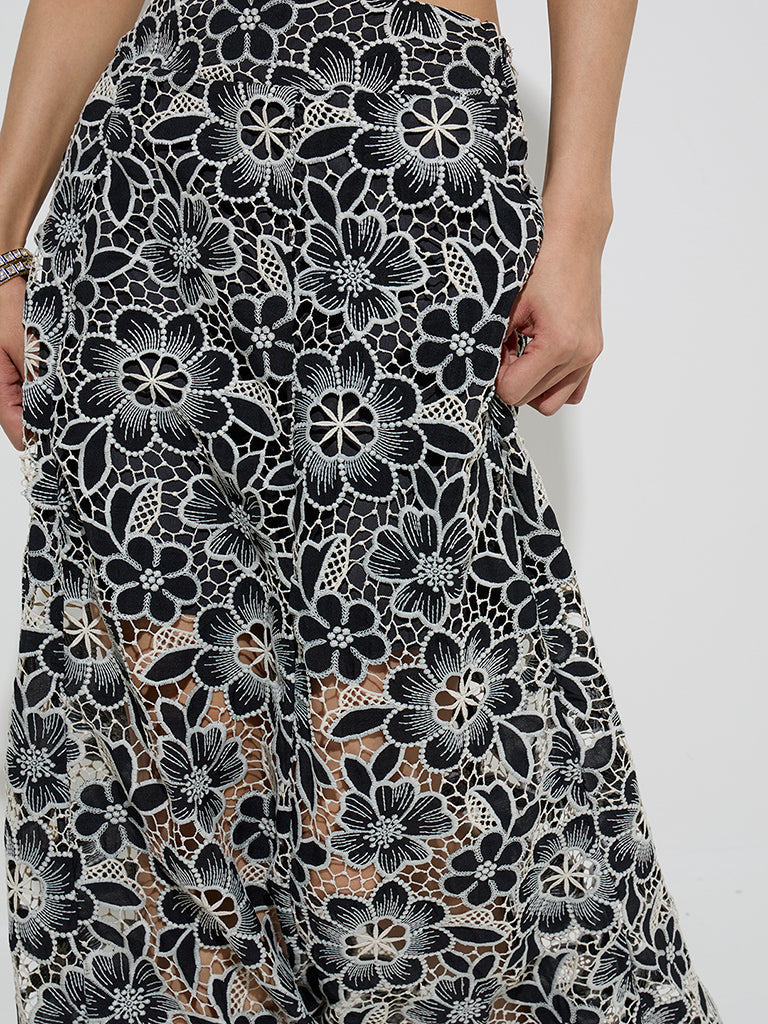 Vark Black Floral Lace Embroidered Ethnic Skirt