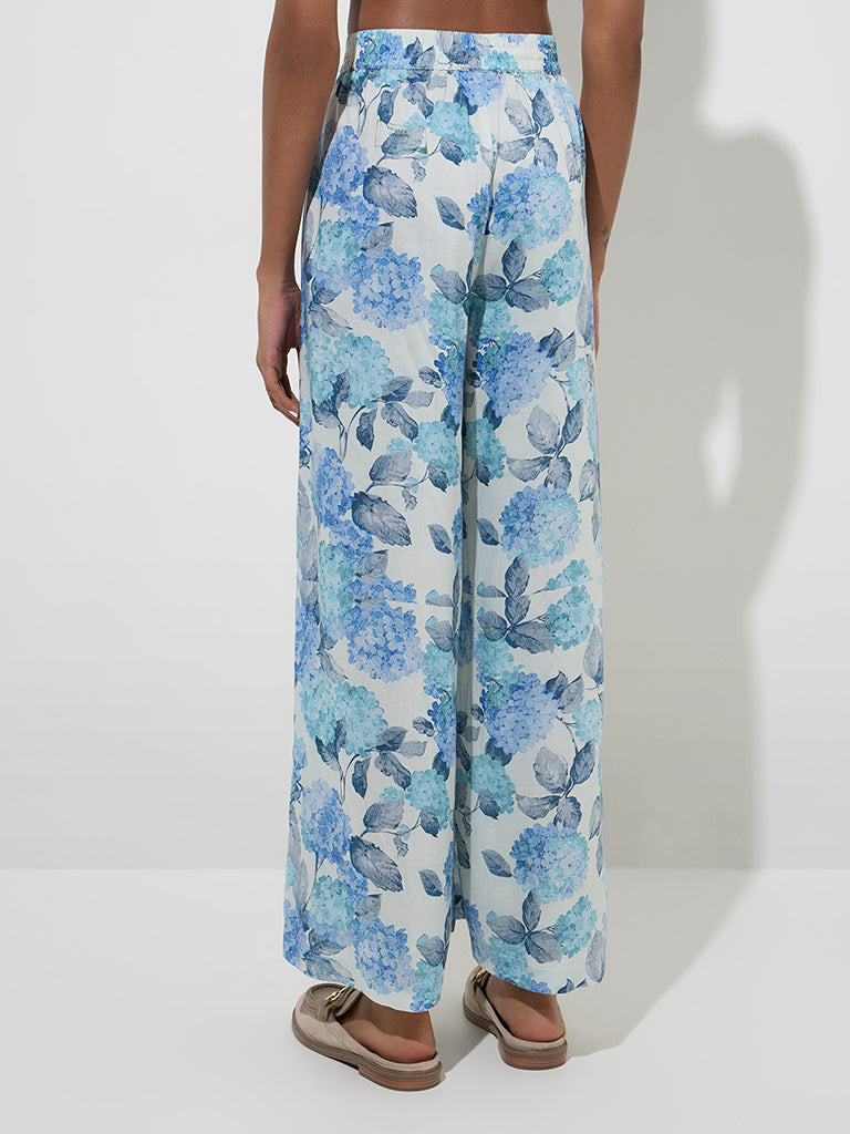 Zuba Blue Botanical Design Cotton-Blend Palazzos