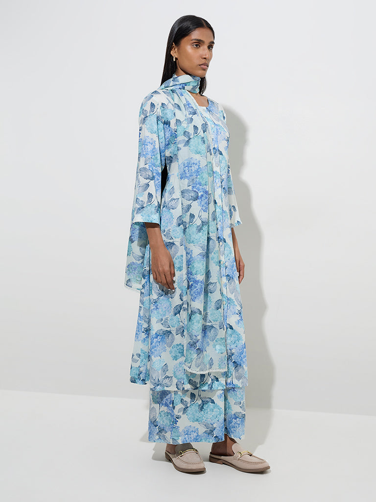 Zuba Blue Botanical Design Cotton-Blend Palazzos