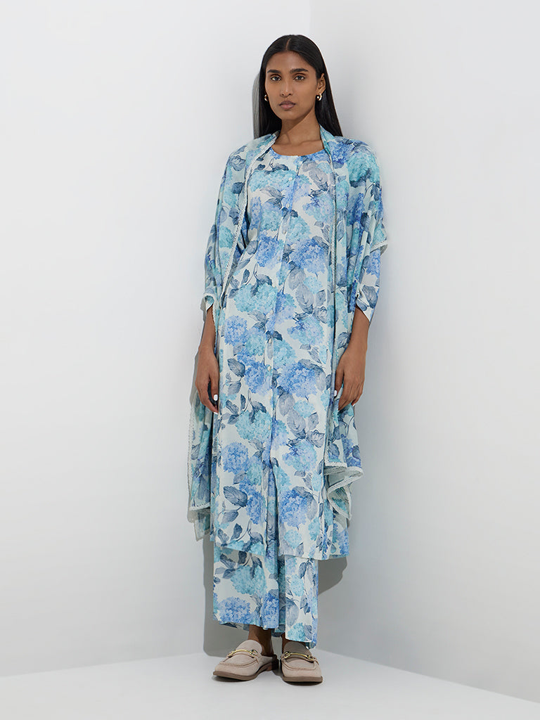 Zuba Blue Botanical Print Cotton-Blend A-Line Kurta