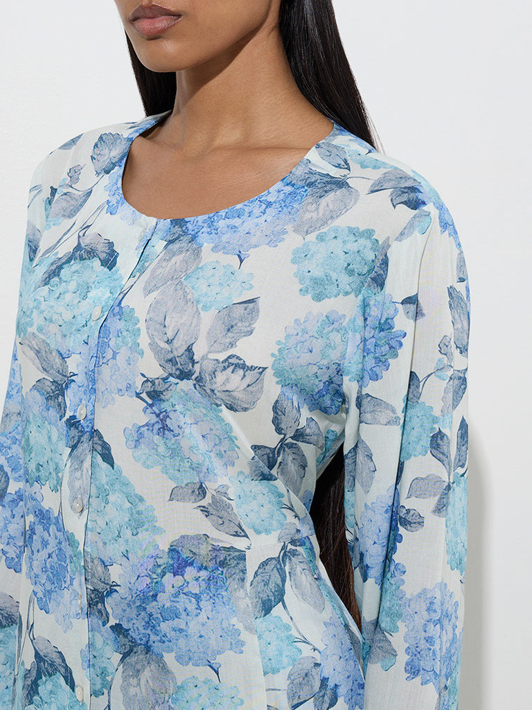 Zuba Blue Botanical Print Cotton-Blend A-Line Kurta