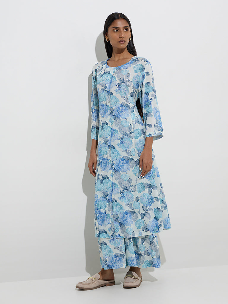 Zuba Blue Botanical Print Cotton-Blend A-Line Kurta