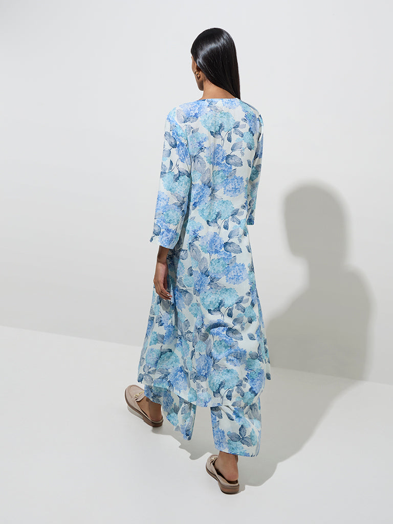 Zuba Blue Botanical Print Cotton-Blend A-Line Kurta