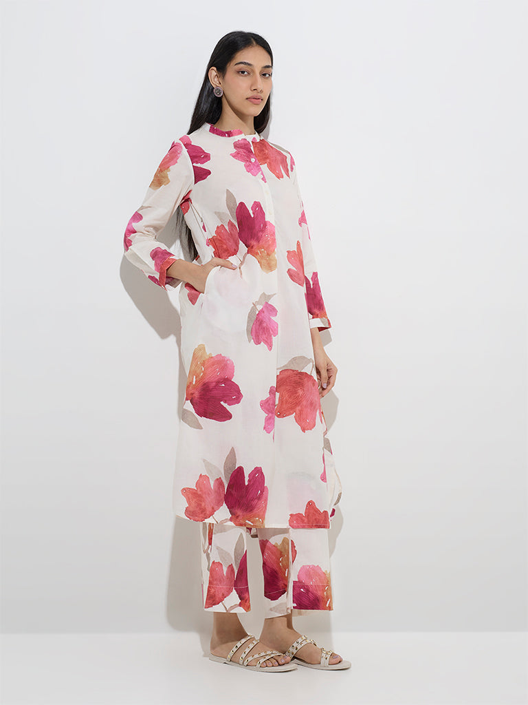 Utsa White Floral Printed A-Line Kurta