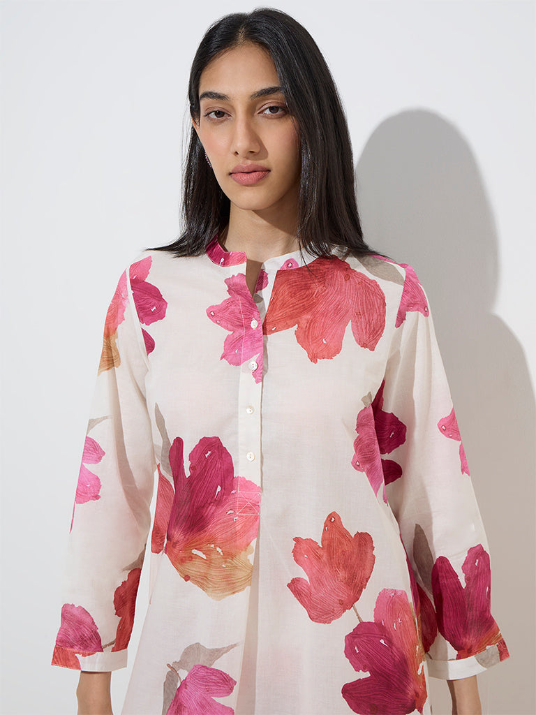 Utsa White Floral Printed A-Line Kurta