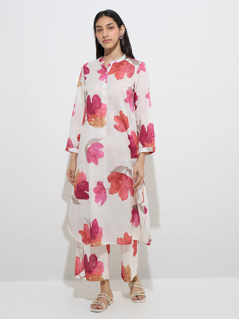 Utsa White Floral Printed A-Line Kurta