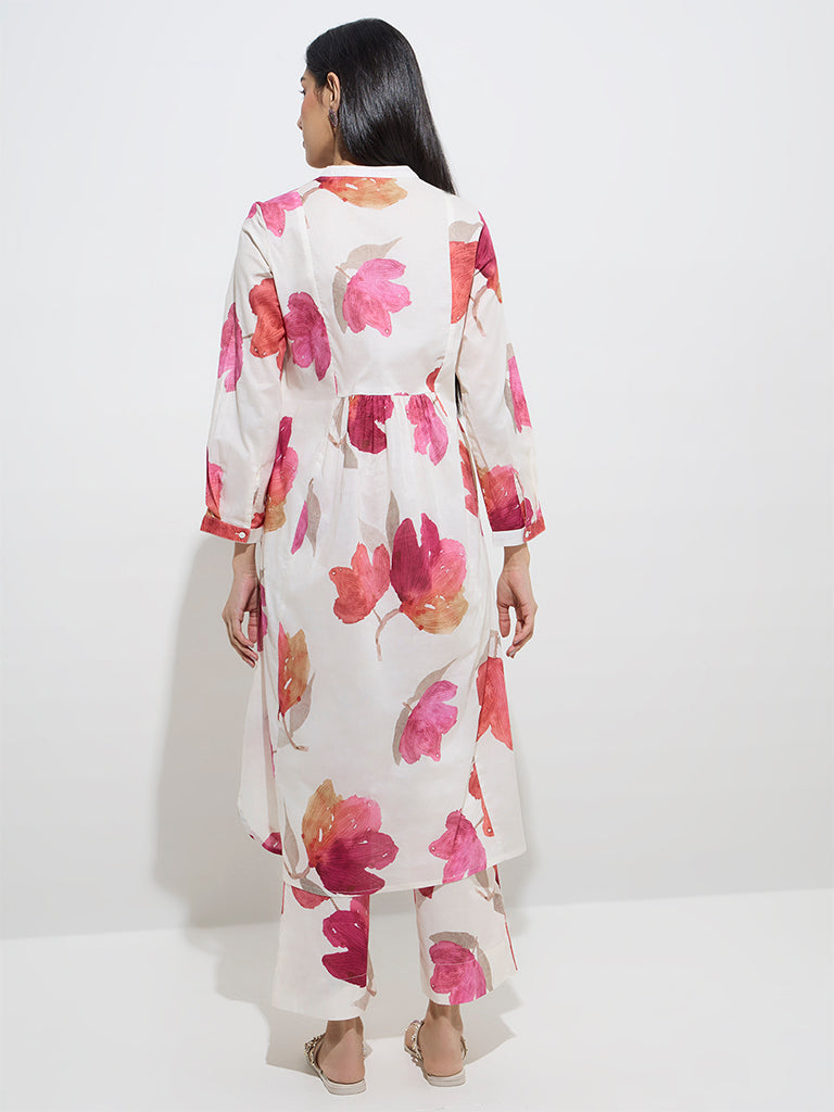 Utsa White Floral Printed A-Line Kurta