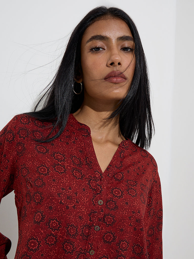 Utsa Maroon Floral Printed Tunic