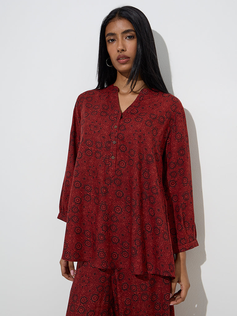 Utsa Maroon Floral Printed Tunic