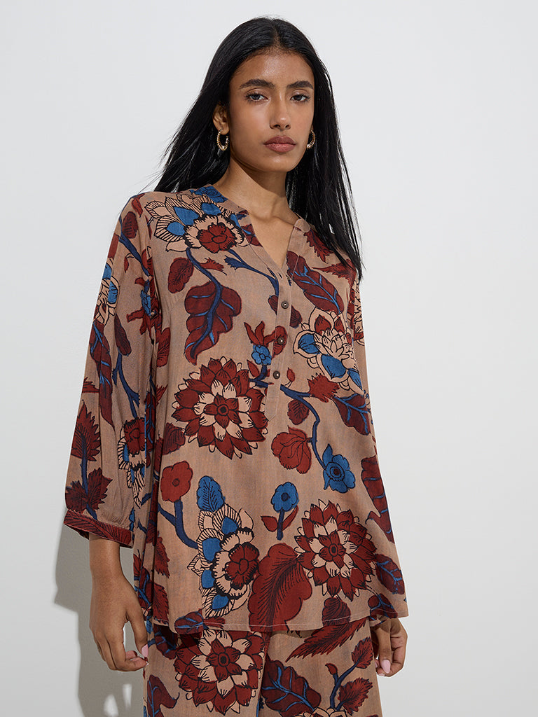 Utsa Beige Floral Printed Tunic