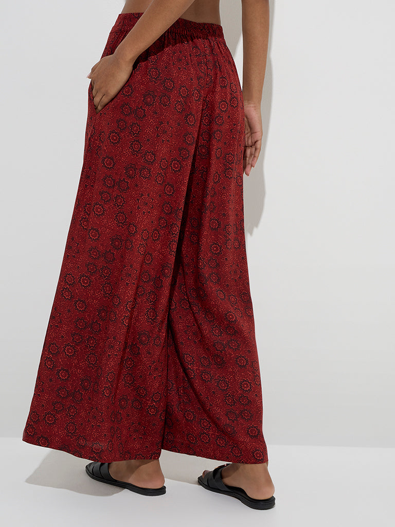 Utsa Maroon Floral Printed High-Rise Palazzos