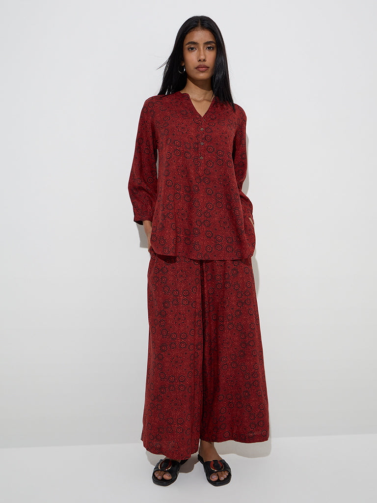 Utsa Maroon Floral Printed High-Rise Palazzos