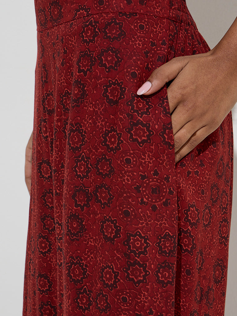 Utsa Maroon Floral Printed High-Rise Palazzos