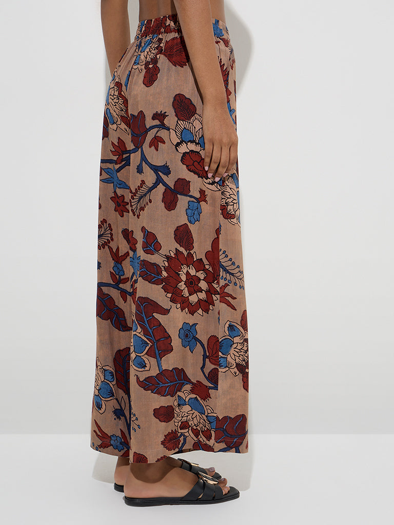Utsa Beige Floral Printed High-Rise Palazzos