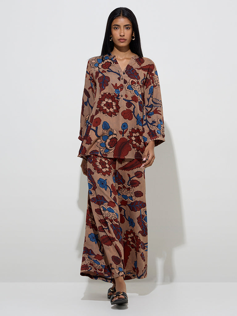 Utsa Beige Floral Printed High-Rise Palazzos