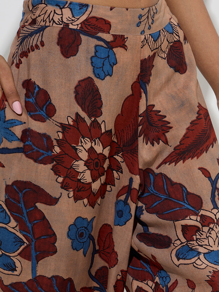 Utsa Beige Floral Printed High-Rise Palazzos