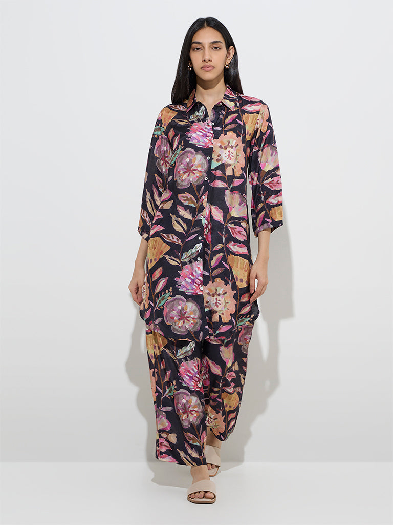 Utsa Black Botanical Design Straight Kurta