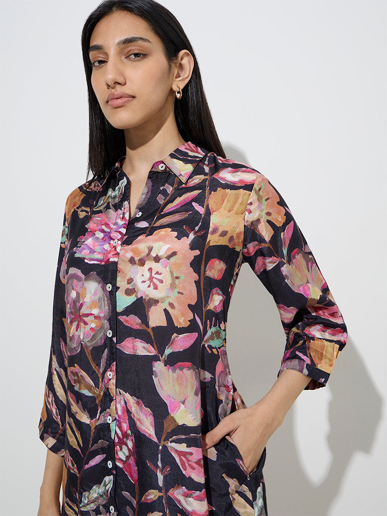 Utsa Black Botanical Design Straight Kurta