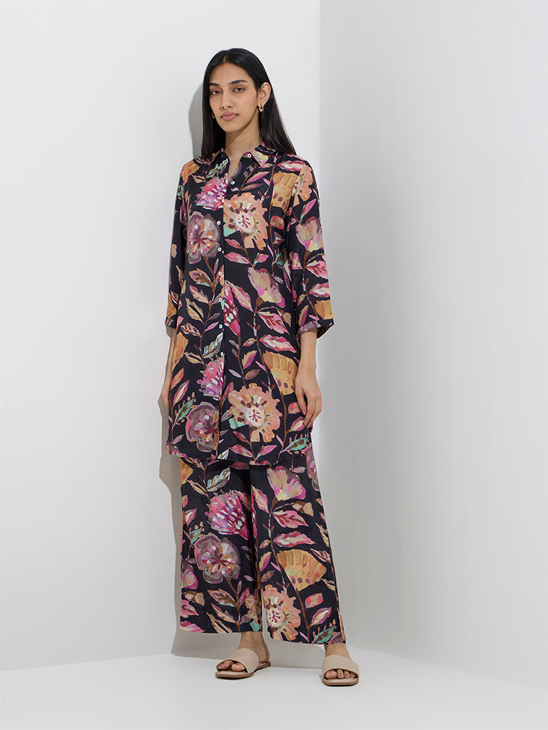 Utsa Black Botanical Design Straight Kurta
